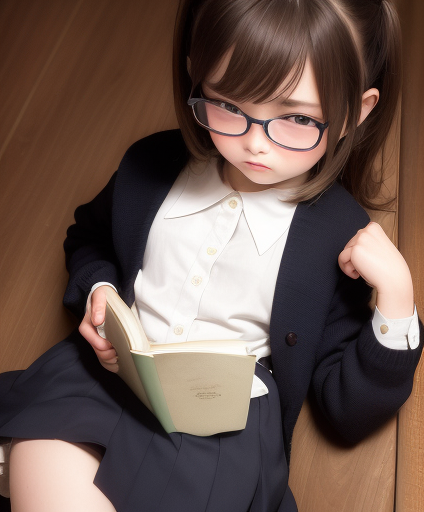 メガネをかけて寝そべりながら本を読んでいる少女