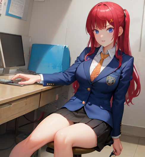 大人っぽいブレザー姿でパソコン仕事をしている赤髪の女学生