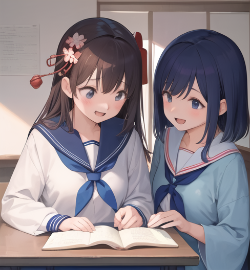 教室でお話しながら楽しそうに読書している二人の女学生
