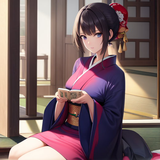 道具を持って座っている和服美人