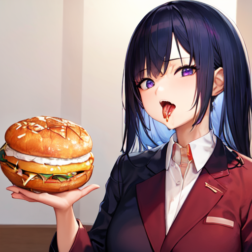 とても食べきれなさそうなドデカハンバーガーに挑戦している女の子