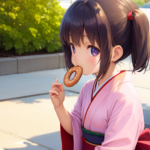 おいしそうなドーナツを食べている和服の女の子