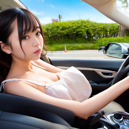 女性運転手の女子席でドライブしている風なシチュ絵