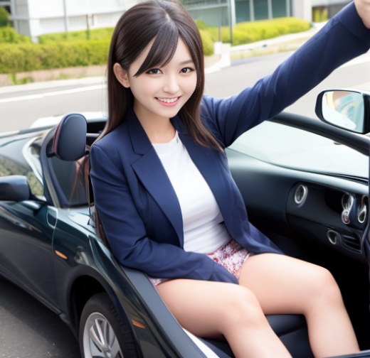 不思議な車に乗ってこっちを笑顔で見ている美女とのドライブデートシチュ