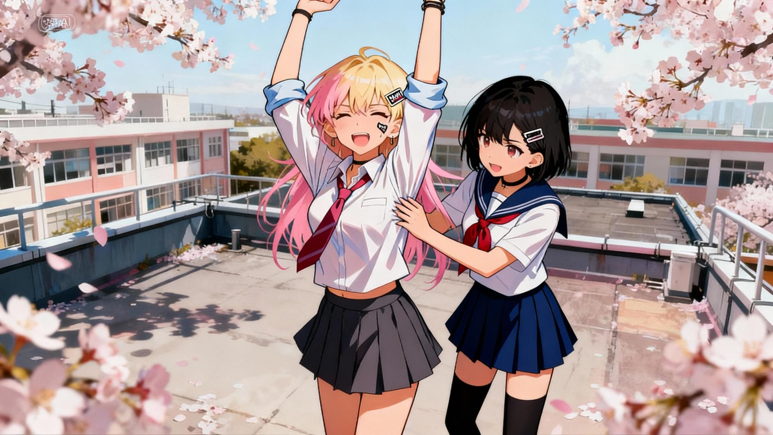 金髪の女子が両手を上に上げて_黒髪の女子に後ろから腋をくすぐられて笑う9